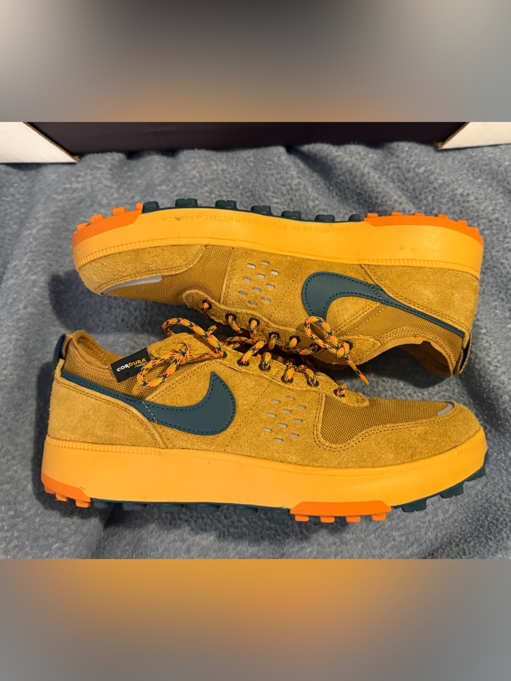 Nike Men’s Golden Yellow Suede Sneakers with Teal Swoosh (Size 10)